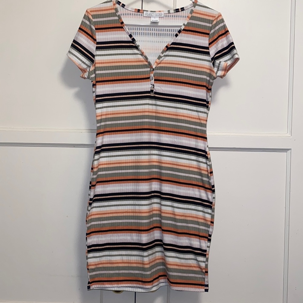 Planet Gold Large 3 Button Short Sleeve Stripe Shirt Midi Dress